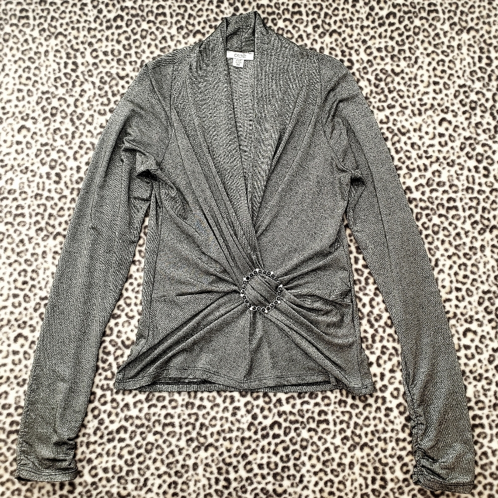 Cache Metallic Silver Surplice Jeweled Ring Long Sleeve Top, Size Medium, EUC